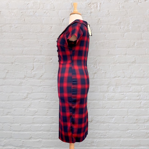 NWT Voodoo Vixen Joan Red Navy Plaid Wiggle Dress Pin Up Rockabilly Kick Pleat - Picture 5 of 14